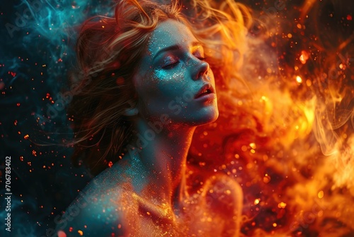 Celestial Power: A Beautiful Cosmic Female Radiates Sensual Aura with Fire Hair, Conjuring an Enchanting Vision of Elegance and Grace in the Cosmic Cosmos.   © Mr. Bolota