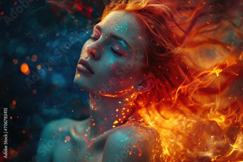 Celestial Power: A Beautiful Cosmic Female Radiates Sensual Aura with Fire Hair, Conjuring an Enchanting Vision of Elegance and Grace in the Cosmic Cosmos.
