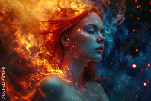 Celestial Power: A Beautiful Cosmic Female Radiates Sensual Aura with Fire Hair, Conjuring an Enchanting Vision of Elegance and Grace in the Cosmic Cosmos.