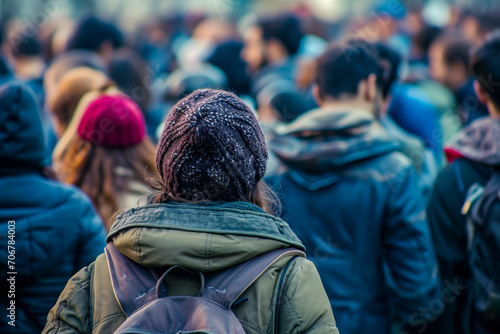 A crowd of refugees crosses the border. Background with selective focus and copy space