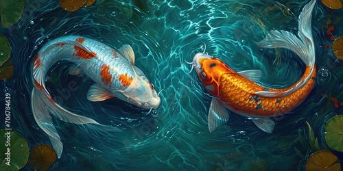  painting of two koi fish in water, generative AI
