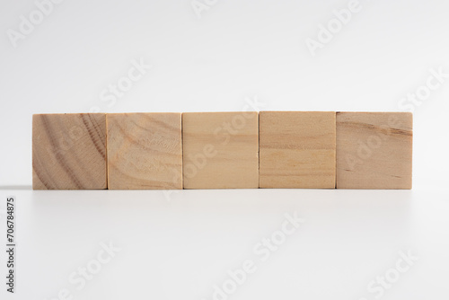 Fototapeta Naklejka Na Ścianę i Meble -  five wooden, block, box concept with wood cube isolated on white background, for mock up, top view layout.