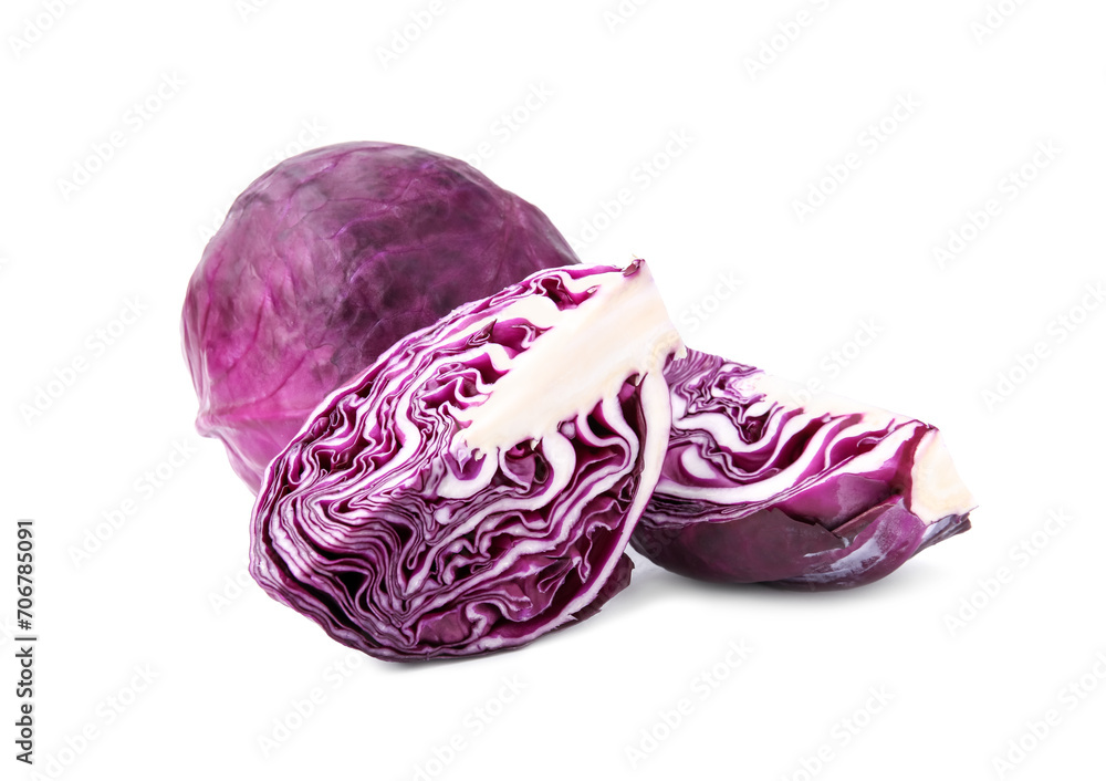 Whole and cut fresh red cabbages isolated on white Whole and cut fresh red cabbages isolated on white