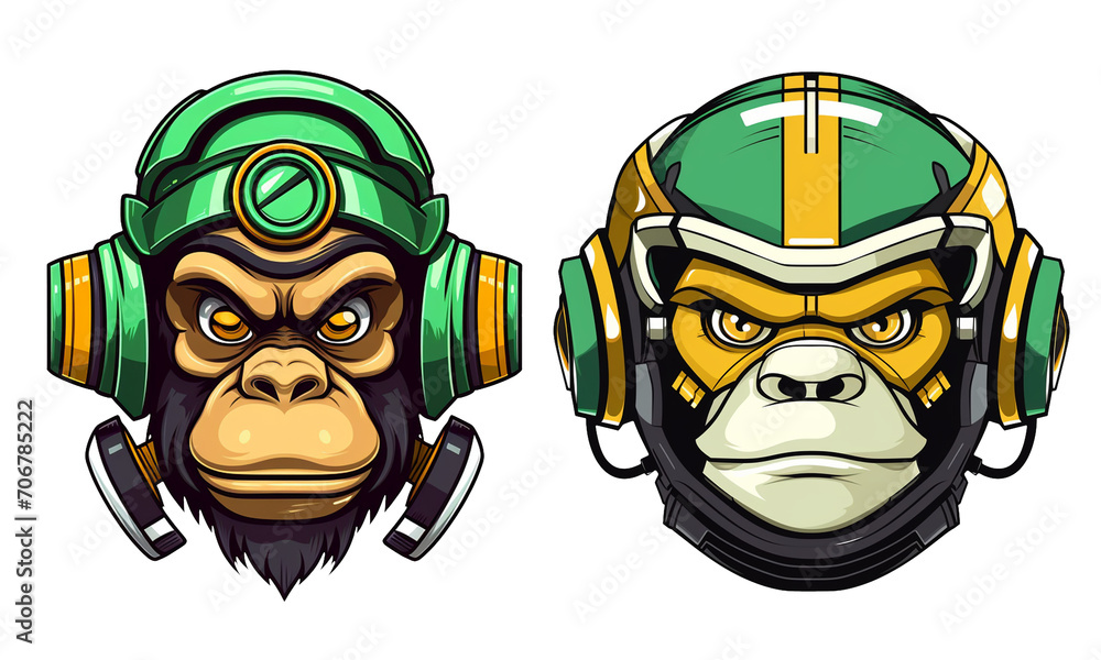 set of cartoon mascots of monkey heads wearing robot helmets set of cartoon mascots of monkey heads wearing robot helmets