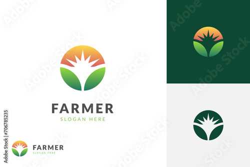 agriculture or farmer logo icon design with sun graphic element symbol for agronomy, rural country farming field vector logo template
