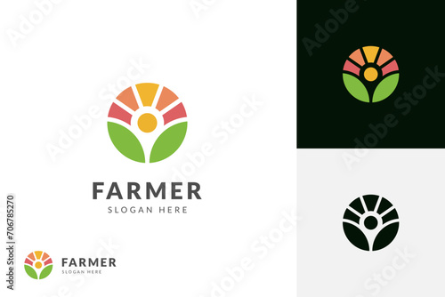 agriculture or farmer logo icon design with sun graphic element symbol for agronomy, rural country farming field vector logo template