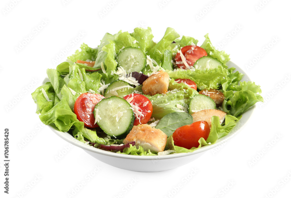 Delicious salad with chicken, cheese and vegetables in bowl isolated on white