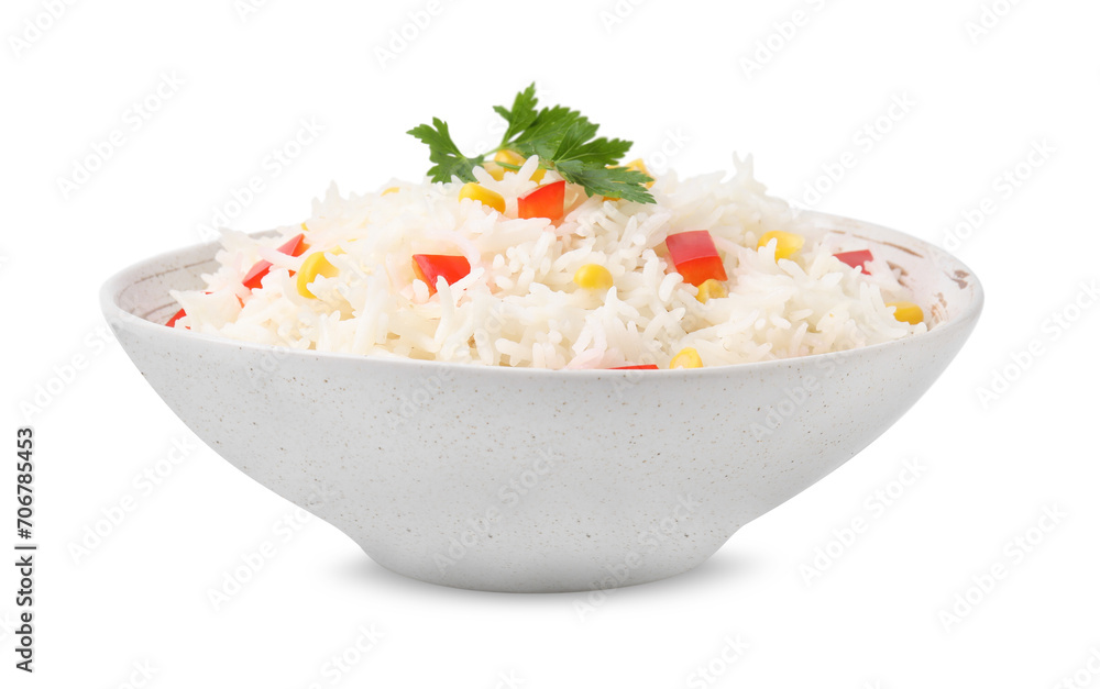 Delicious rice with vegetables and parsley isolated on white Delicious rice with vegetables and parsley isolated on white