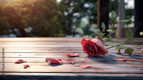 Withered pink flower with its petals falling on a wooden table in the garden - copyspace photo