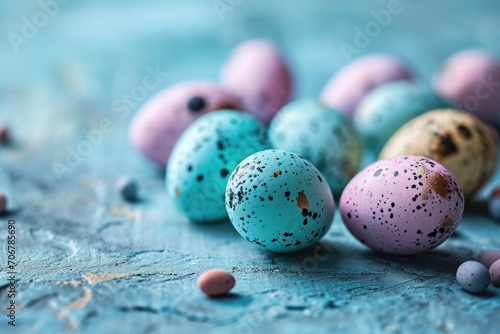 Bright Easter eggs on blue background