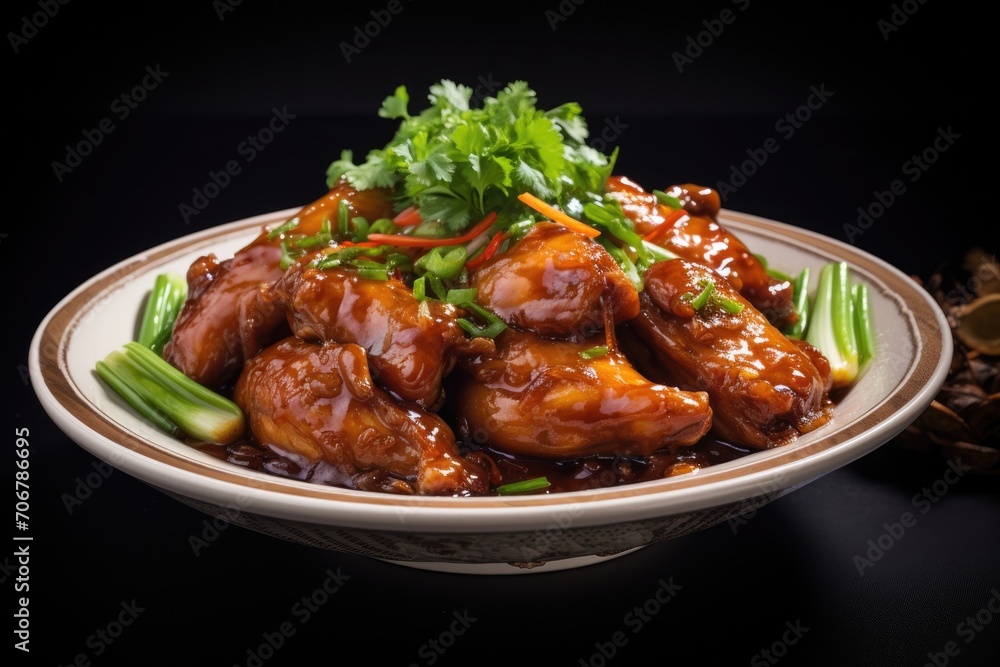 Teriyaki chicken in a clay bowl garnished with green onions Teriyaki chicken in a clay bowl garnished with green onions