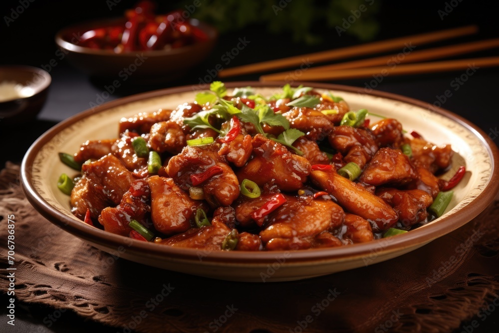Kung Pao chicken on plate with green onions and pepper Kung Pao chicken on plate with green onions and pepper