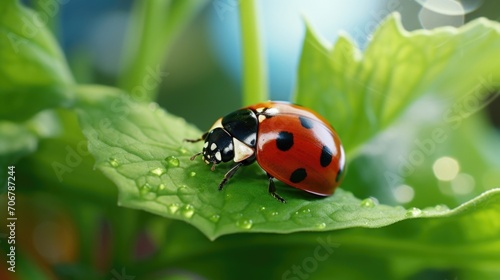 Closeup of a ladybug resting on a leaf, a natural predator of pests in sustainable farming. © Justlight