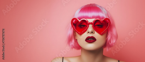 Beautiful girl with big heart shaped glasses with happy pink atmosphere celebrating love and friendship day - copyspace