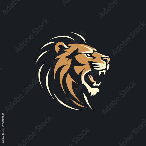 Stylized roaring lion head logo on black background. Strong lion mascot design with aggressive expression. Leadership and courage symbol vector illustration.