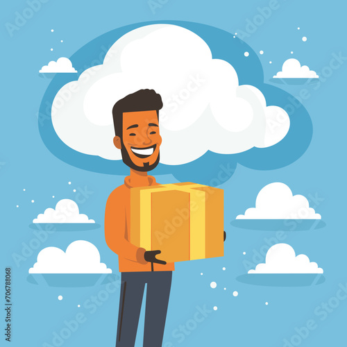 African American man smiling, holding a package with a cloudy sky background. Cheerful delivery guy with a beard presenting a parcel. Friendly courier service vector illustration.