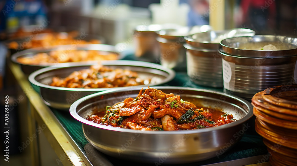 Obraz premium bowls of kimchi on a Korean traditional food market