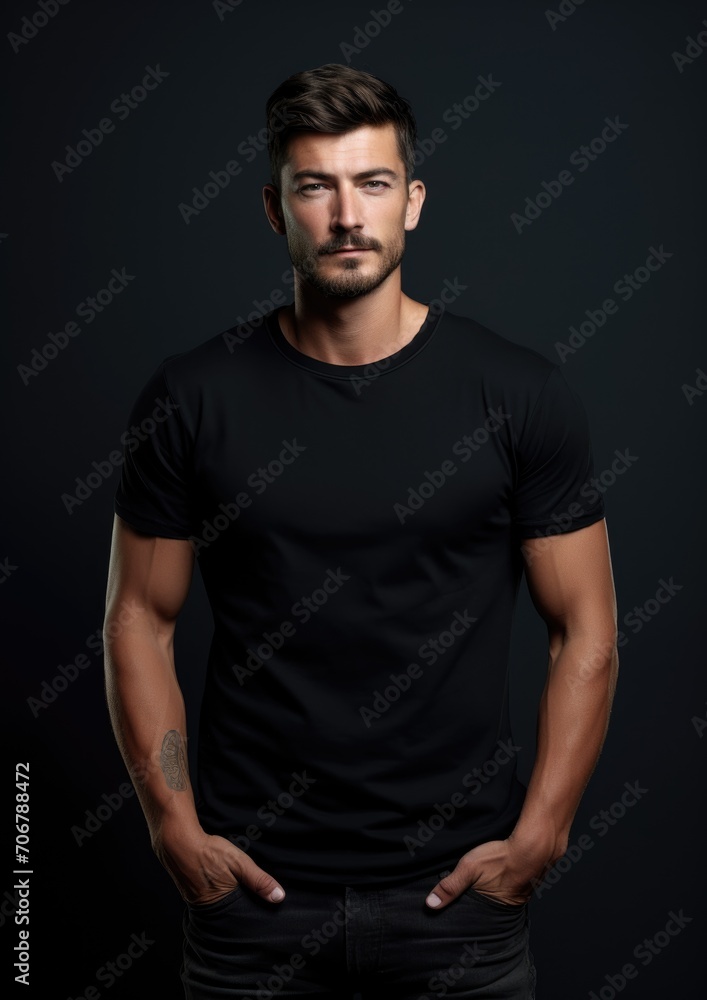 young male model in a black T-shirt on a black background