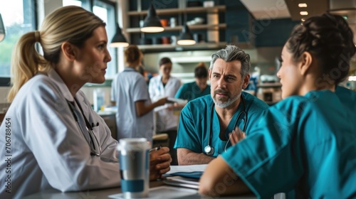 doctors and nurses, and the aroma of delicious food and drinks at cafe.