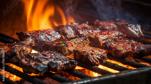 char-grilled marinated BBQ Korean short ribs on a barbecue grill. delicious Koran food photo