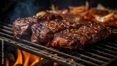 delicious Koran food. char-grilled marinated BBQ Korean short ribs on a barbecue grill.