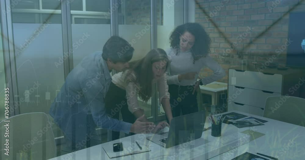 Animation of graph processing data over diverse casual business colleagues discussing around laptop Animation of graph processing data over diverse casual business colleagues discussing around laptop