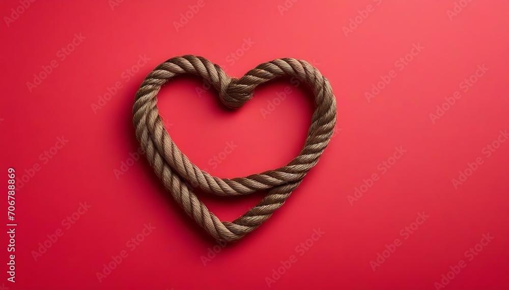 Creative concept composition. Brown rope in heart shape knot on red background. Love valentine concept copy space banner created with generative ai