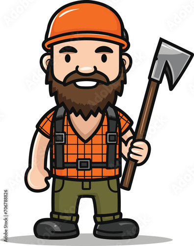Cartoon lumberjack with beard, orange helmet, holding an axe, smiling. Worker character in safety gear, outdoors, manual labor profession vector illustration.