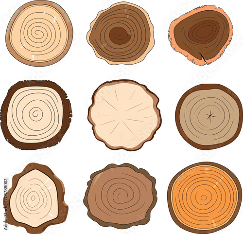 Collection of tree rings, top view, different shapes and patterns. Set of cross section tree trunks, natural elements vector illustration.
