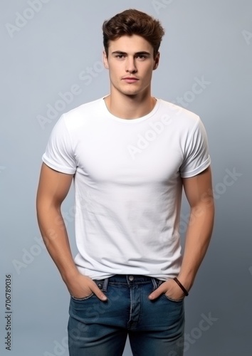 Portrait of man in white t-shirt on gray background