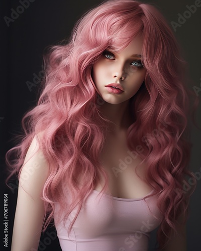 girl with long pink lush wavy hair in a romantic style