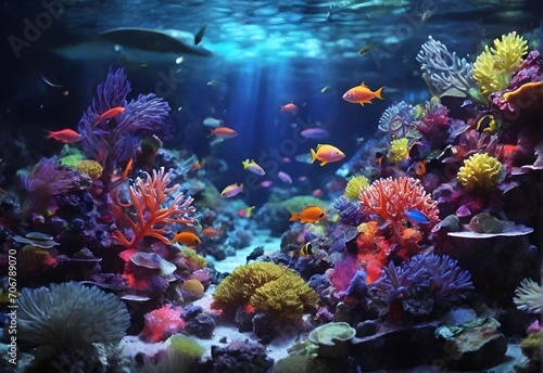 Ornamental fish on the beautiful sea bottom with coral reefs