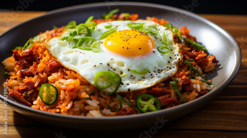 kimchi fried rice in dark plate on wooden table . korean food