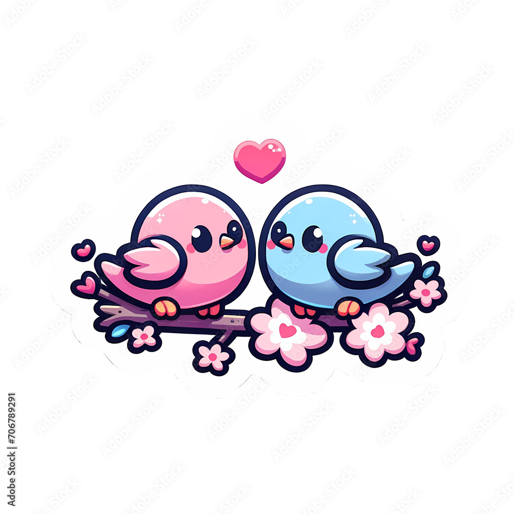 pink and blue cute love birds on tree branch with heart sign