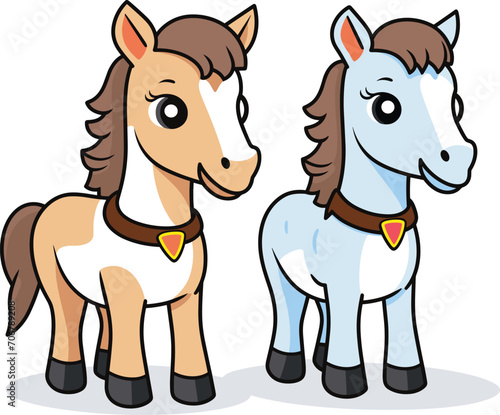Two cartoon horses, one brown and one gray, standing happily with collars. Cute animal characters for children's book vector illustration. © Vectorvstocker