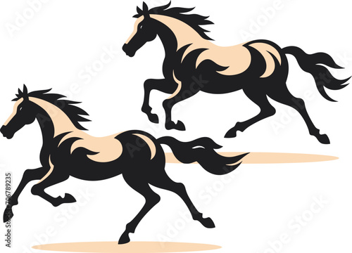 Two horses galloping dynamically  stylized brown equines on the move. Elegance and freedom in animal motion vector illustration.