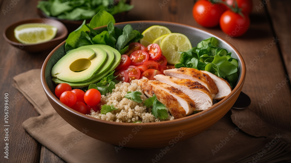 a bowl of fruits and vegetables sits on a wood background. a bowl of fruits and vegetables sits on a wood background.