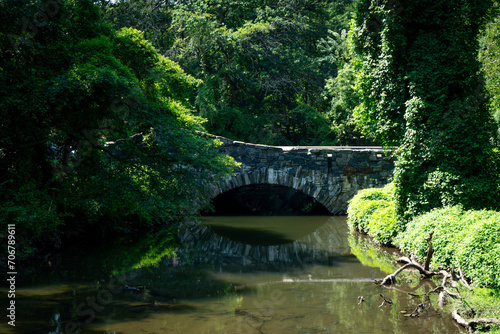 An old stone bridge in deep forest landscape. Reflection of the bridge in calm water