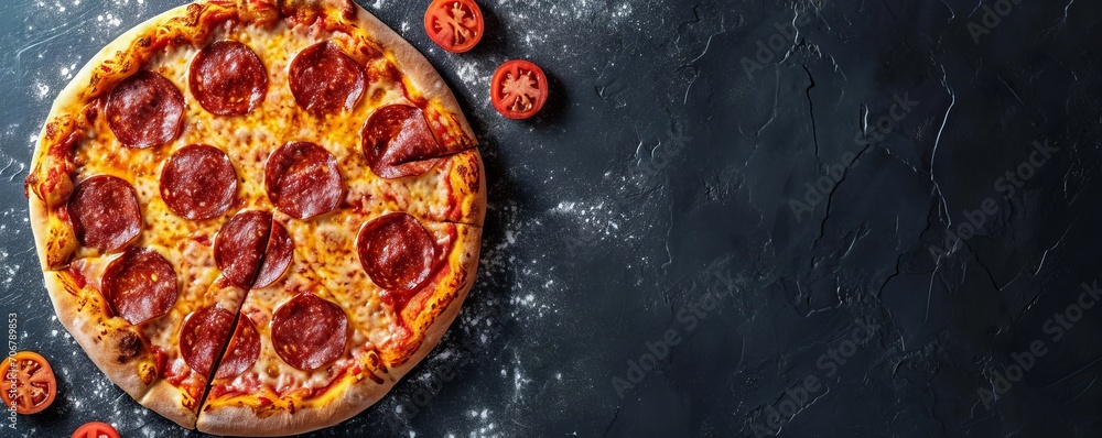 scrumptious pizza with savory salami, banner, copyspace, generative AI scrumptious pizza with savory salami, banner, copyspace, generative AI