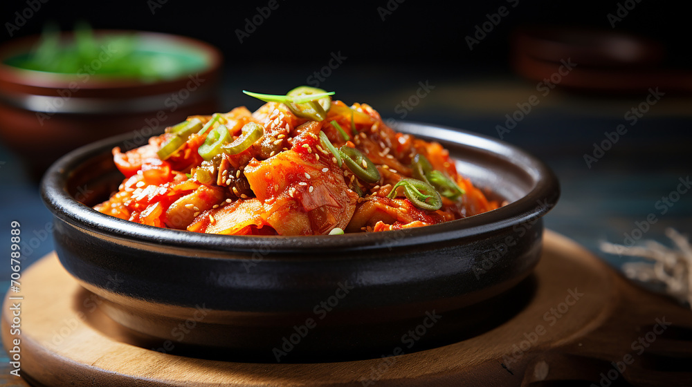 kimchi in black bowl on wooden table korean traditional food
