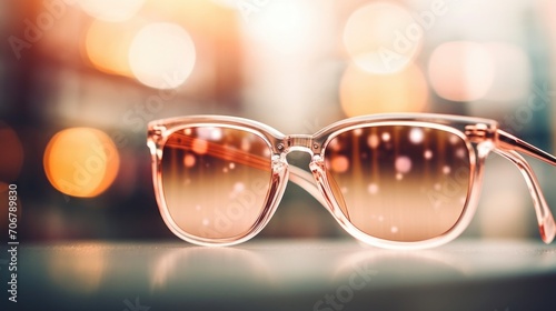 Closeup of a chic pair of rectangular sunglasses with wire frames and rose gold mirrored lenses.