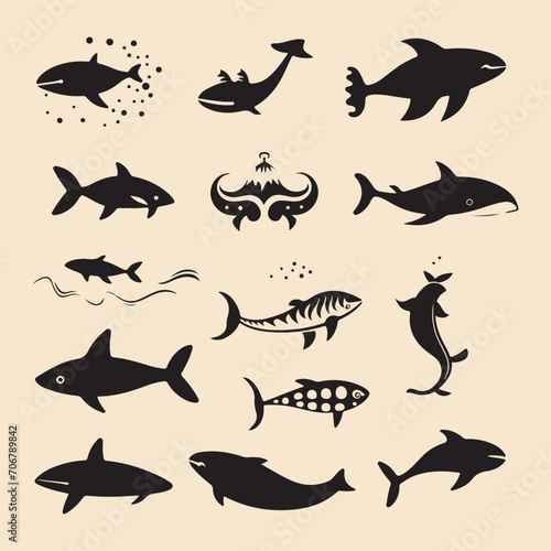 sea animals black silhouette Clip art vector