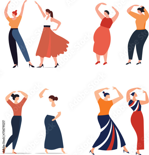 Six diverse women in stylish outfits dancing. Different body types, fashion, and dance poses. Female empowerment and celebration concept vector illustration.