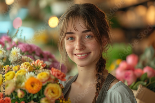 Young Florist with Mixed Flower Bouquet. Smiling woman presenting a bouquet of assorted flowers. © AI Visual Vault