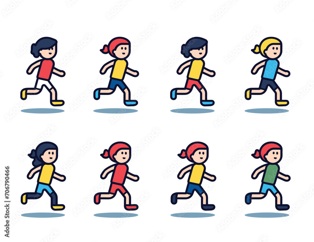 Eight cartoon children running, boys and girls in colorful sportswear. Children engage in physical activity, fun run concept. Kids outdoors exercise vector illustration. Eight cartoon children running, boys and girls in colorful sportswear. Children engage in physical activity, fun run concept. Kids outdoors exercise vector illustration.