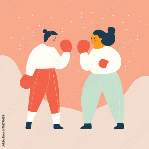 Two cartoon women boxing, one in red pants, other in green. Female boxers training together. Women empowerment and fitness vector illustration.