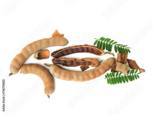 Top view of fresh and perfectly ripe sweet tamarind.  Placed isolated on a white background.