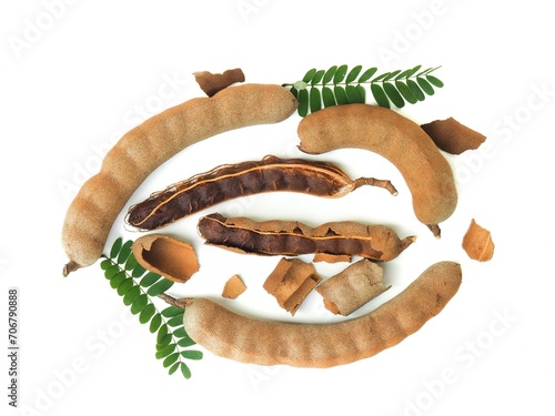 Top view of fresh and perfectly ripe sweet tamarind.  Placed isolated on a white background.