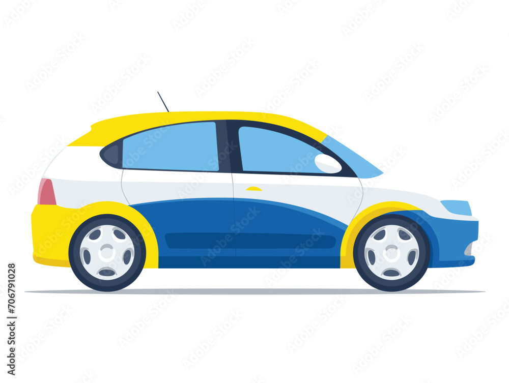 Compact blue and yellow hatchback car side view on white background. Modern urban vehicle design. Transport and automotive theme vector illustration. Compact blue and yellow hatchback car side view on white background. Modern urban vehicle design. Transport and automotive theme vector illustration.