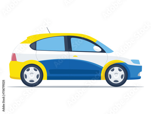 Compact blue and yellow hatchback car side view on white background. Modern urban vehicle design. Transport and automotive theme vector illustration.